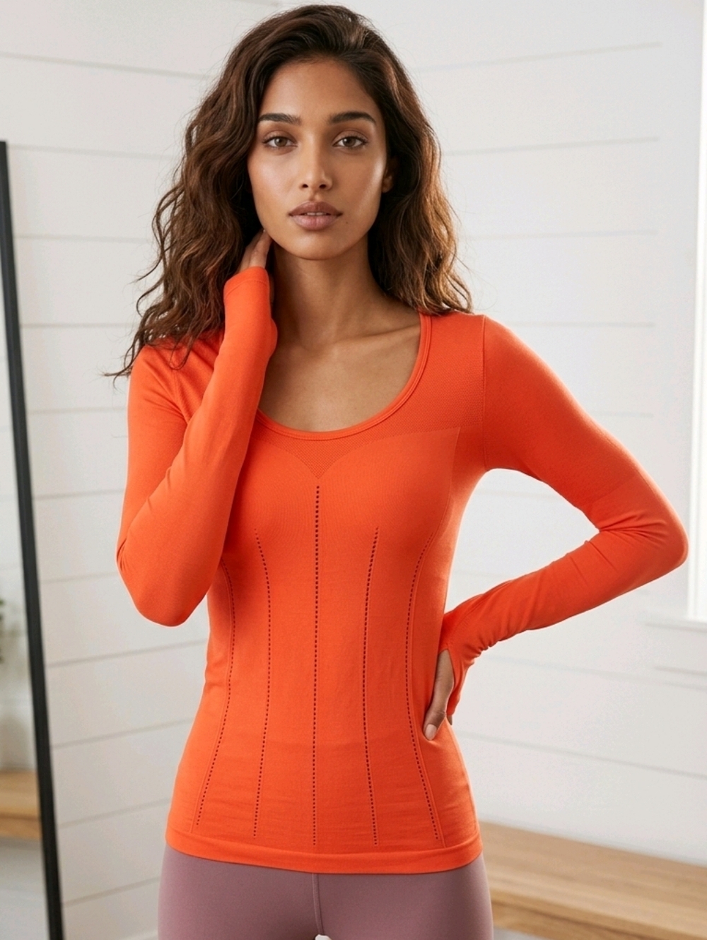 Fabletics Seamless Long Sleeve Top Small Tangerine Fitted Workout Tee Thumbholes